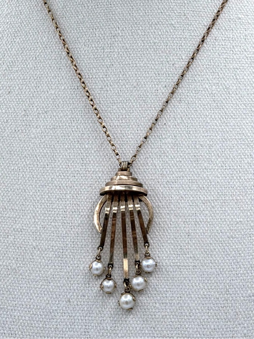 Rare 50s LOUIS SCHORR 10K Gold Genuine Pearl Mid-Century Art Deco Necklace